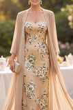 Champagne Sequins Embroidery Midi Mother of the Bride Dress with Chiffon Cover‑Up