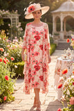 Red Flower Round Neck 3/4 Sleeves Midi Mother of the Bride Dress with Chiffon Cover‑Up