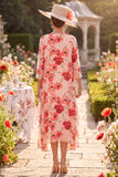 Red Flower Round Neck 3/4 Sleeves Midi Mother of the Bride Dress with Chiffon Cover‑Up