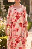 Red Flower Round Neck 3/4 Sleeves Midi Mother of the Bride Dress with Chiffon Cover‑Up