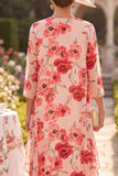 Red Flower Round Neck 3/4 Sleeves Midi Mother of the Bride Dress with Chiffon Cover‑Up
