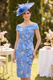 Off the Shoulder Blue Ruched Ruffled Sheath Midi Mother of the Bride Dress with Rhinestone Bow
