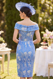 Off the Shoulder Blue Ruched Ruffled Sheath Midi Mother of the Bride Dress with Rhinestone Bow