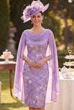 Purple Floral Embroidery Sheath Midi Mother of the Bride Dress with Chiffon Cape