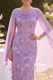 Purple Floral Embroidery Sheath Midi Mother of the Bride Dress with Chiffon Cape