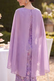 Purple Floral Embroidery Sheath Midi Mother of the Bride Dress with Chiffon Cape
