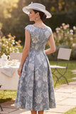 Grey Bateau Neck A-Line Ruched Floral Printed Cap Sleeves Mother of the Bride Dress