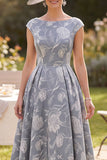 Grey Bateau Neck A-Line Ruched Floral Printed Cap Sleeves Mother of the Bride Dress