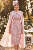Sparkly Yellow Bateau Neck Sequins Sheath Midi Mother of the Bride Dress with Chiffon Cape