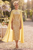 Sparkly Yellow Bateau Neck Sequins Sheath Midi Mother of the Bride Dress with Chiffon Cape