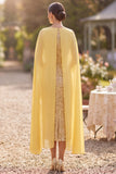 Sparkly Yellow Bateau Neck Sequins Sheath Midi Mother of the Bride Dress with Chiffon Cape