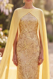 Sparkly Yellow Bateau Neck Sequins Sheath Midi Mother of the Bride Dress with Chiffon Cape