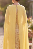 Sparkly Yellow Bateau Neck Sequins Sheath Midi Mother of the Bride Dress with Chiffon Cape