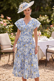 Blue Flower V-Neck A-Line Printed Mother of the Bride Dress with Dolman Short Sleeves