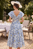 Blue Flower V-Neck A-Line Printed Mother of the Bride Dress with Dolman Short Sleeves