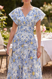 Blue Flower V-Neck A-Line Printed Mother of the Bride Dress with Dolman Short Sleeves