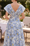 Blue Flower V-Neck A-Line Printed Mother of the Bride Dress with Dolman Short Sleeves
