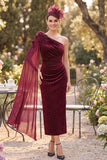 Burgundy One Shoulder Beaded Sheath Ruched Mother of the Bride Dress with Draping
