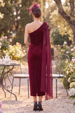 Burgundy One Shoulder Beaded Sheath Ruched Mother of the Bride Dress with Draping