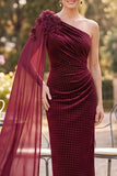 Burgundy One Shoulder Beaded Sheath Ruched Mother of the Bride Dress with Draping
