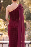 Burgundy One Shoulder Beaded Sheath Ruched Mother of the Bride Dress with Draping
