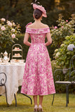 Pink Off the Shoulder A-Line Floral Printed Mother of the Bride Dress with Bow