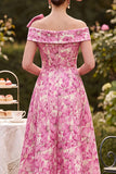 Pink Off the Shoulder A-Line Floral Printed Mother of the Bride Dress with Bow