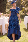 Off the Shoulder Navy High Low Lace Satin A-Line Mother of the Bride Dress with Large Bow
