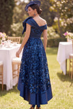 Off the Shoulder Navy High Low Lace Satin A-Line Mother of the Bride Dress with Large Bow