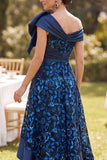 Off the Shoulder Navy High Low Lace Satin A-Line Mother of the Bride Dress with Large Bow