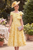 Asymmetrical Off the Shoulder Yellow Satin Pearls Embroidery A-Line Mother of the Bride Dress