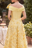 Asymmetrical Off the Shoulder Yellow Satin Pearls Embroidery A-Line Mother of the Bride Dress