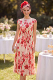 Red Bateau Neck Cap Sleeves A-Line Floral Printed Midi Mother of the Bride Dress