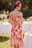 Red Bateau Neck Cap Sleeves A-Line Floral Printed Midi Mother of the Bride Dress