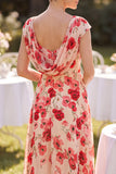 Red Bateau Neck Cap Sleeves A-Line Floral Printed Midi Mother of the Bride Dress