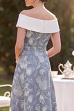 Grey White Off the Shoulder High Low A-Line Floral Printed Midi Mother of the Bride Dress
