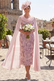 Pink Sequins Sheath Cowl Neck Midi Mother of the Bride Dress with Chiffon Cape