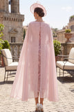 Pink Sequins Sheath Cowl Neck Midi Mother of the Bride Dress with Chiffon Cape