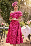 Asymmetrical One Shoulder Fuchsia Ruched A-Line Printed Mother of the Bride Dress