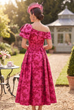 Asymmetrical One Shoulder Fuchsia Ruched A-Line Printed Mother of the Bride Dress