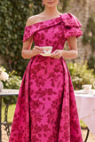 Asymmetrical One Shoulder Fuchsia Ruched A-Line Printed Mother of the Bride Dress
