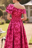 Asymmetrical One Shoulder Fuchsia Ruched A-Line Printed Mother of the Bride Dress