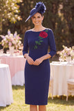 Navy Bateau Neck Sheath 3/4 Sleeves Appliques Midi Mother of the Bride Dress