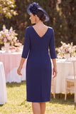 Navy Bateau Neck Sheath 3/4 Sleeves Appliques Midi Mother of the Bride Dress