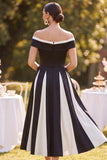 Off the Shoulder Black White Ruched A-Line Midi Mother of the Bride Dress