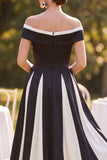 Off the Shoulder Black White Ruched A-Line Midi Mother of the Bride Dress