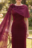 Burgundy Sheath Beaded 3D Appliques Midi Mother of the Bride Dress with Draping