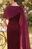 Burgundy Sheath Beaded 3D Appliques Midi Mother of the Bride Dress with Draping