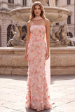 Pink Mermaid Strapless Floral Embroidery Long Prom Dress with Appliques