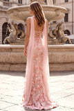 Pink Mermaid Strapless Floral Embroidery Long Prom Dress with Appliques